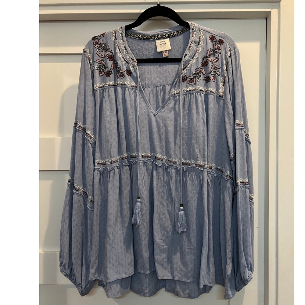 XXL Knox Rose Periwinkle Light Blue Embroidered Top